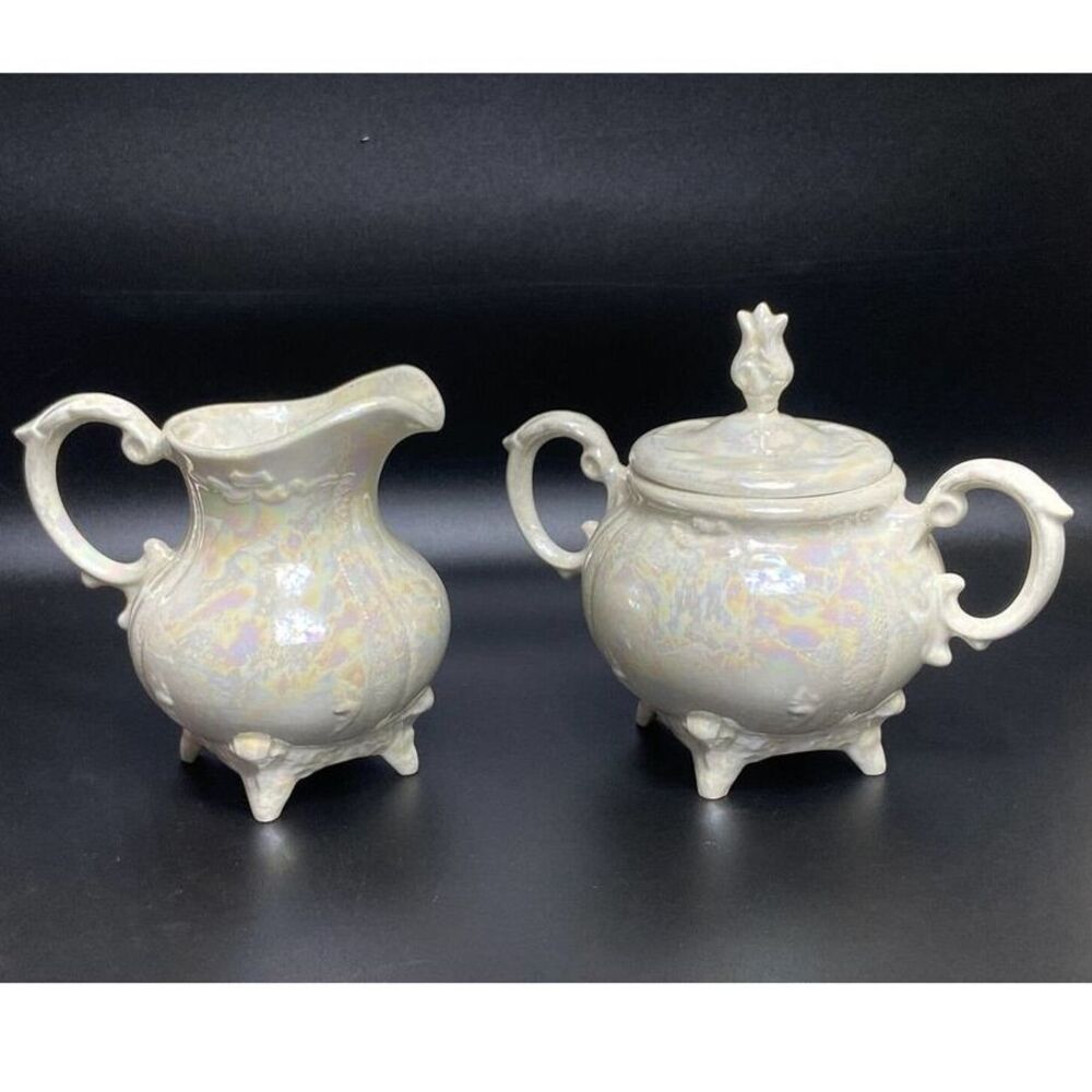 Vintage Loma Pottery Cream Ceramic Porcelain Lidded Sugar Bowl And Cream Cup